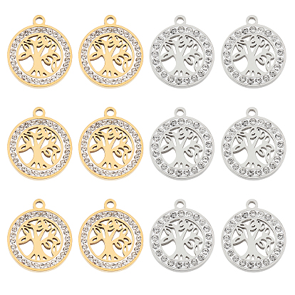 12Pcs 2 Colors 201 Stainless Steel Pendants, with Polymer Clay Crystal Rhinestone, Flat Round with Tree of Life