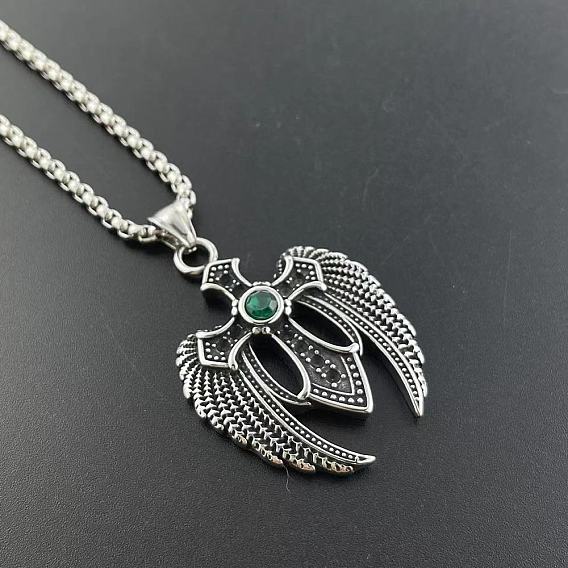 Винтажная готика 304 ожерелья с подвесками из нержавеющей стали с кубическим цирконием, крест с крылом ангела