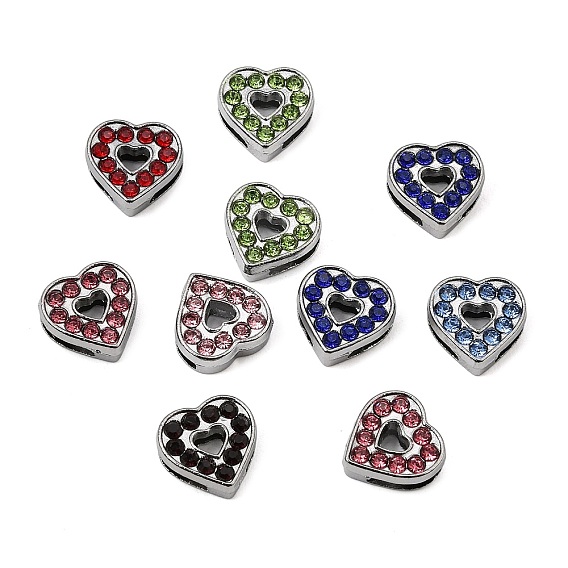 Alloy with Rhinestone Slide Charms, Heart, Platinum