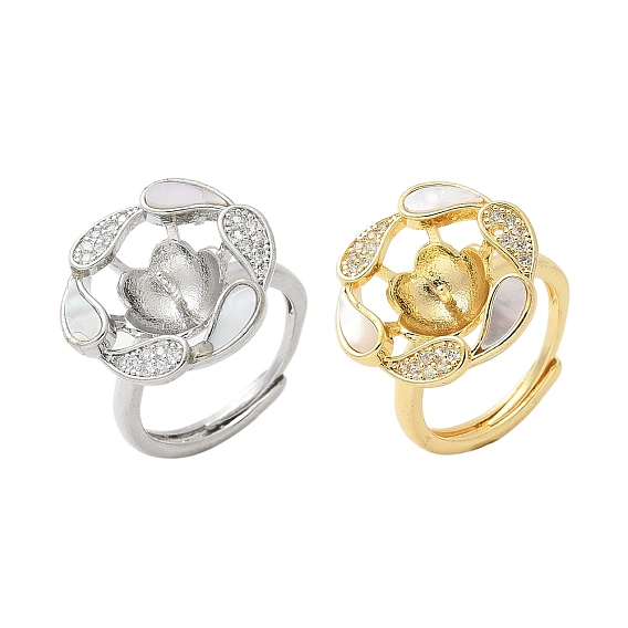 Цветочная латунная оболочка и кубический цирконий регулируемые оправы колец, за половину пробурено бисера, стойки покрытие, долговечный, без свинца и без кадмия