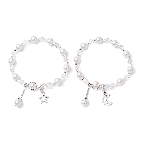 Браслеты из ракушечного жемчуга и стеклянных круглых бусин, браслеты из сплава для женщин, звезда и луна, с бусинами из синтетического лунного камня и гематита