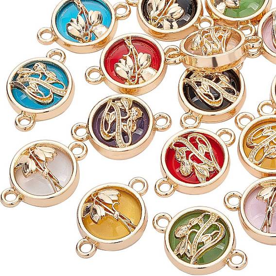 Connecteurs de liens en verre, avec alliage plaqué or léger, plat et circulaire avec fleur, or et de lumière