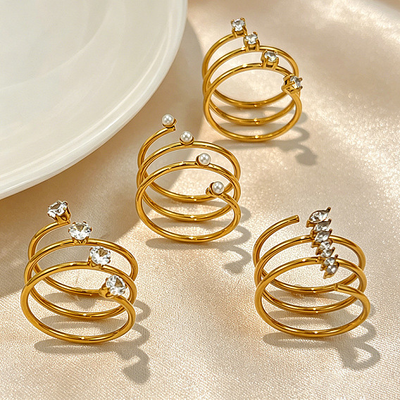 304 Stainless Steel & Imitation Pearl Cuff Open Rings, Real 18K Gold Plated