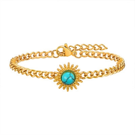 Браслеты из нержавеющей стали с панцирными цепями, с синтетическими бирюзовый, солнце