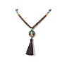 Indonesia Buddhist Necklace, Polyester Tassel Pendant Necklace with Wood & Mixed Gemstone Beaded Chains for Women