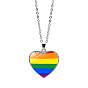 Pride Rainbow Flag Glass Heart Pendant Necklace, with Alloy Cable Chains