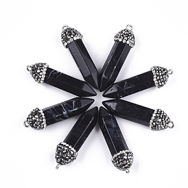Acrylic Pointed Pendants, with Polymer Clay Rhinestone and Iron Findings, Imitation Gemstone, Bullet, Platinum