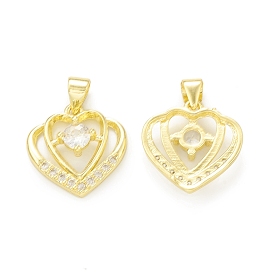 Rack Plating Brass Micro Pave Clear Cubic Zirconia Pendants, Cadmium Free & Lead Free, Long-Lasting Plated, Double Heart Charm