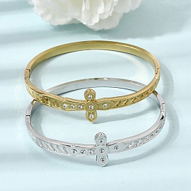 304 Bracelets manchettes articulés en acier inoxydable avec croix religieuse en cristal et strass pour femmes