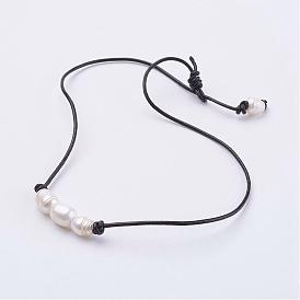 Grade B Natural Freshwater Pearl Necklaces, with Cowhide Leather Cord