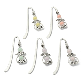 Alloy Hook Bookmarks, with Frosted Acrylic Beads, Wing & Heart Pendant Book Marker