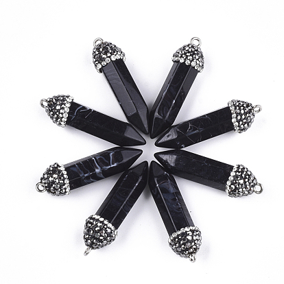 Acrylic Pointed Pendants, with Polymer Clay Rhinestone and Iron Findings, Imitation Gemstone, Bullet, Platinum