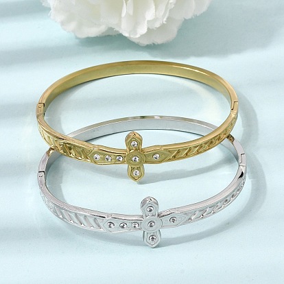 304 Bracelets manchettes articulés en acier inoxydable avec croix religieuse en cristal et strass pour femmes