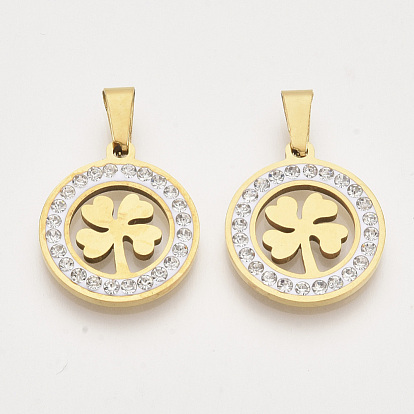 201 Stainless Steel Pendants, with Random Size Snap On Bails and Polymer Clay Crystal Rhinestones, Flat Round with Clover