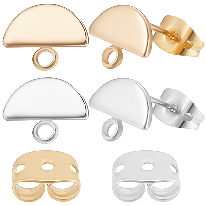 20Pcs 2 Colors Brass Stud Earring Findings, with Loop and Flat Plate, Semicircle, Nickel Free, 20Pcs 2 Colors Brass Friction Ear Nuts