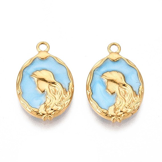 304 подвески из нержавеющей стали, с эмалью, овал с подвеской в виде русалки, реальный 18 k позолоченный, ионное покрытие (ip)