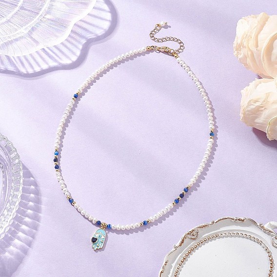 Латунный эмалированный кулон в виде хамсы на руку, ожерелья из натурального кианита и жемчуга, голубой