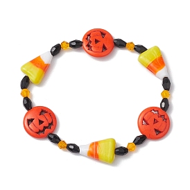 Halloween Dyed Synthetic Turquoise & Glass Beaded Stretch Bracelets, Pumpkin & Candy Corn Bracelets for Women