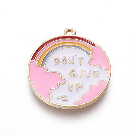 Zinc Alloy Enamel Pendants, Flat Round with Rainbow & Word Don't Give Up, Light Gold