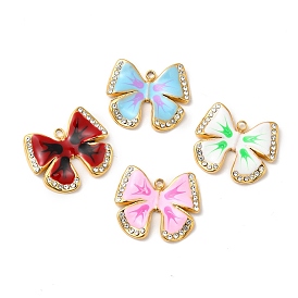 Real 18K Gold Plated 304 Stainless Steel Rhinestone Pendants, with Enamel, Bowknot Charms