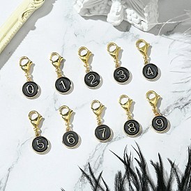 Плоские круглые с цифрой 0~9 сплав эмали подвесные украшения, Подвески с застежками-когтями омара для украшения сумок