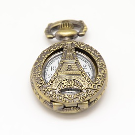 Vintage Hollow Flat Round Carved Eiffel Tower Alloy Quartz Watch Heads for Pocket Watch Pendant Necklace Making, 36x27x11.5mm