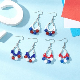 304 Stainless Steel Teardrop Dangle Earrings, with Natural White Jade & Natural Dyed Yellow Jade & Baking Paint Glass Seed Beads & Eco-Friendly Copper Wire, Platinum