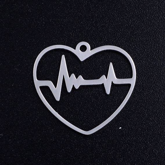 201 Stainless Steel Filigree Pendants, Heart with Heartbeat/ECG