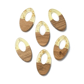 Transparent Resin & Walnut Wood Pendants, Waxed, Oval Charms with Gold Foils