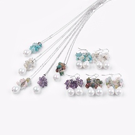 Natural Gemstone Jewelry Sets, Pendant Necklaces and Dangle Earrings, with Spring Ring Clasps and Brass Findings, Shell Pearl Bead