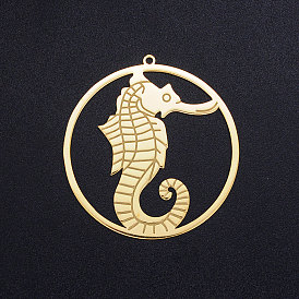 201 Stainless Steel Pendants, Circle with Sea Horse