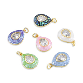 Brass Pave Clear Cubic Zirconia Pendants, with Jump Rings and Shell, Enamel, Real 18K Gold Plated, Nickel Free, Teardrop