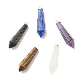 Natural Mixed Gemstone Pointed Pendants, with Silver Plated Brass Loops, Faceted, Bullet