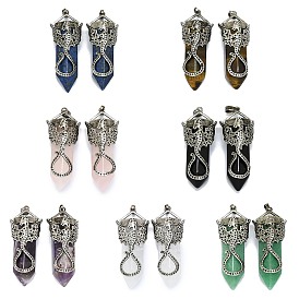 Natural Mixed Stone Faceted Pointed Bullet Big Pendants, Rack Plating Antique Silver Plated Alloy Dragon Charms, Cadmium Free & Lead Free