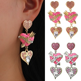 Boucles d'oreilles pendantes triple cœur en strass avec émail, mot amour boucles d'oreilles en alliage pour les femmes