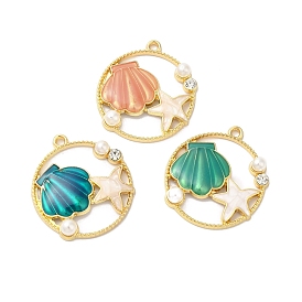Alloy Enamel Pendants, ABS Imitation Pearl with Rhinestone, Golden, Round with Seashell Starfish