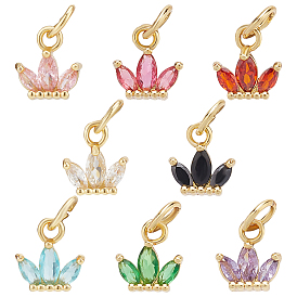 SUPERFINDINGS 16Pcs 8 Colors Brass Cubic Zirconia Charms, Real 18K Gold Plated, Crown
