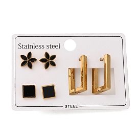 304 комплект из сережек-гвоздиков и колец из нержавеющей стали для женщин, с эмалью, цветок, прямоугольник и квадрат