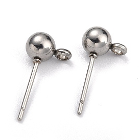 304 Stainless Steel Ball Post Stud Earring Findings, with Loop and 316 Surgical Stainless Steel Pin