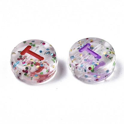Transparent Acrylic Beads, Horizontal Hole, with Glitter Powder & Enamel, Flat Round with Mixed Letters