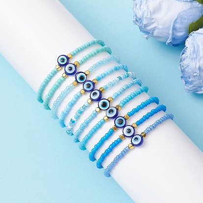 10шт. браслеты из стеклянных бусин и смоляных бусин для женщин, круглый и плоский круглый сглаз, с латунным, градиент цвета