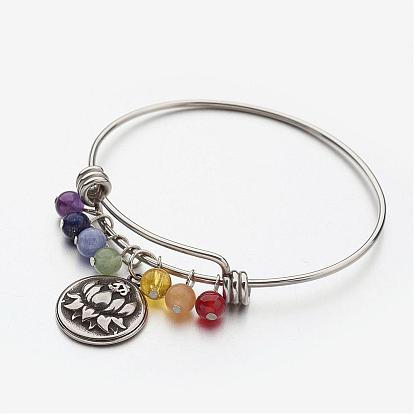 Réglable 304 bracelet de pierres précieuses en acier inoxydable, lotus plat rond et ohms pendentif