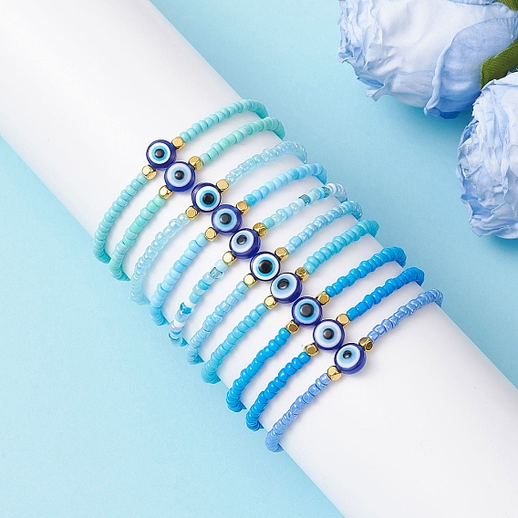 10шт. браслеты из стеклянных бусин и смоляных бусин для женщин, круглый и плоский круглый сглаз, с латунным, градиент цвета