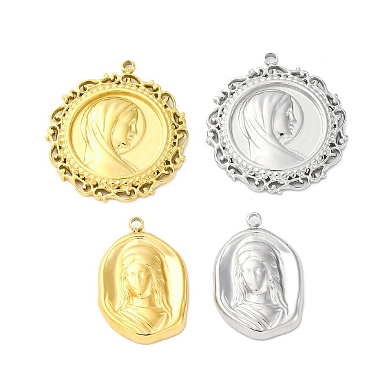 304 подвески из нержавеющей стали, плоский круглый/овальный с амулетом Девы Марии, вакуумное покрытие pvd