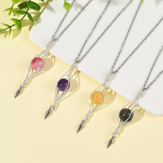 4 piezas 4 colores labradorita natural y cuarzo amarillo hematoide y amatista y jade verde teñido redondo con colgante cónico 304 collares de cadena de cable de acero inoxidable para mujer, color mezclado