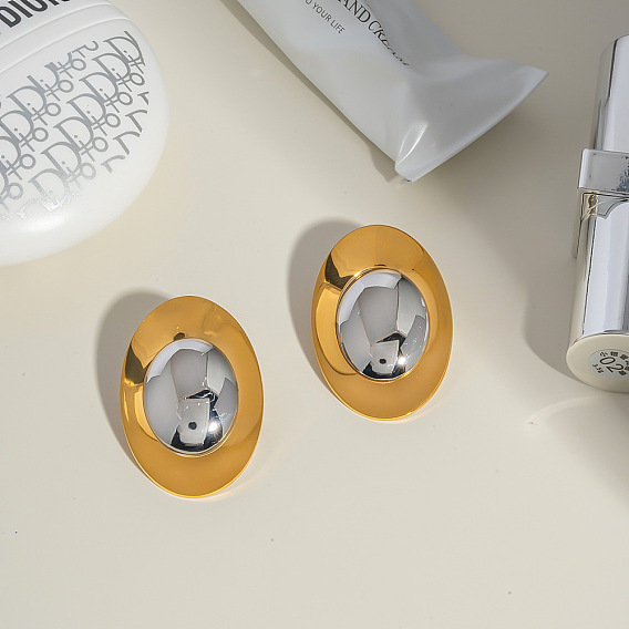 Модные двухцветные овальные серьги-гвоздики из нержавеющей стали