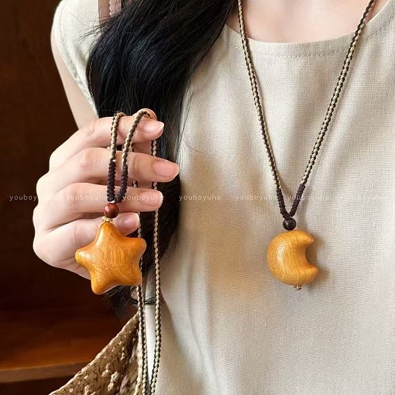 Wood Pendant Adjustable Cotton Cord Long Necklaces for Women, Sandy Brown
