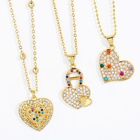 Colorful Zircon Hip Hop Heart Pendant Necklace with Rhinestones for Women