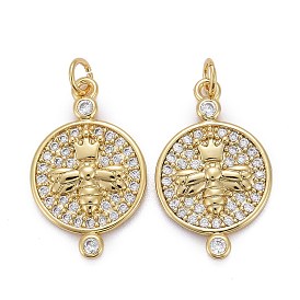 Латунные микропаве прозрачные подвески с фианитом, долговечный, с прыжковых колец, плоские круглые с пчелой
