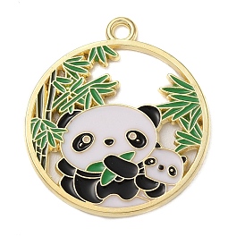 Alloy Enamel Pendant, Golden, Flat Round with Panda Charm
